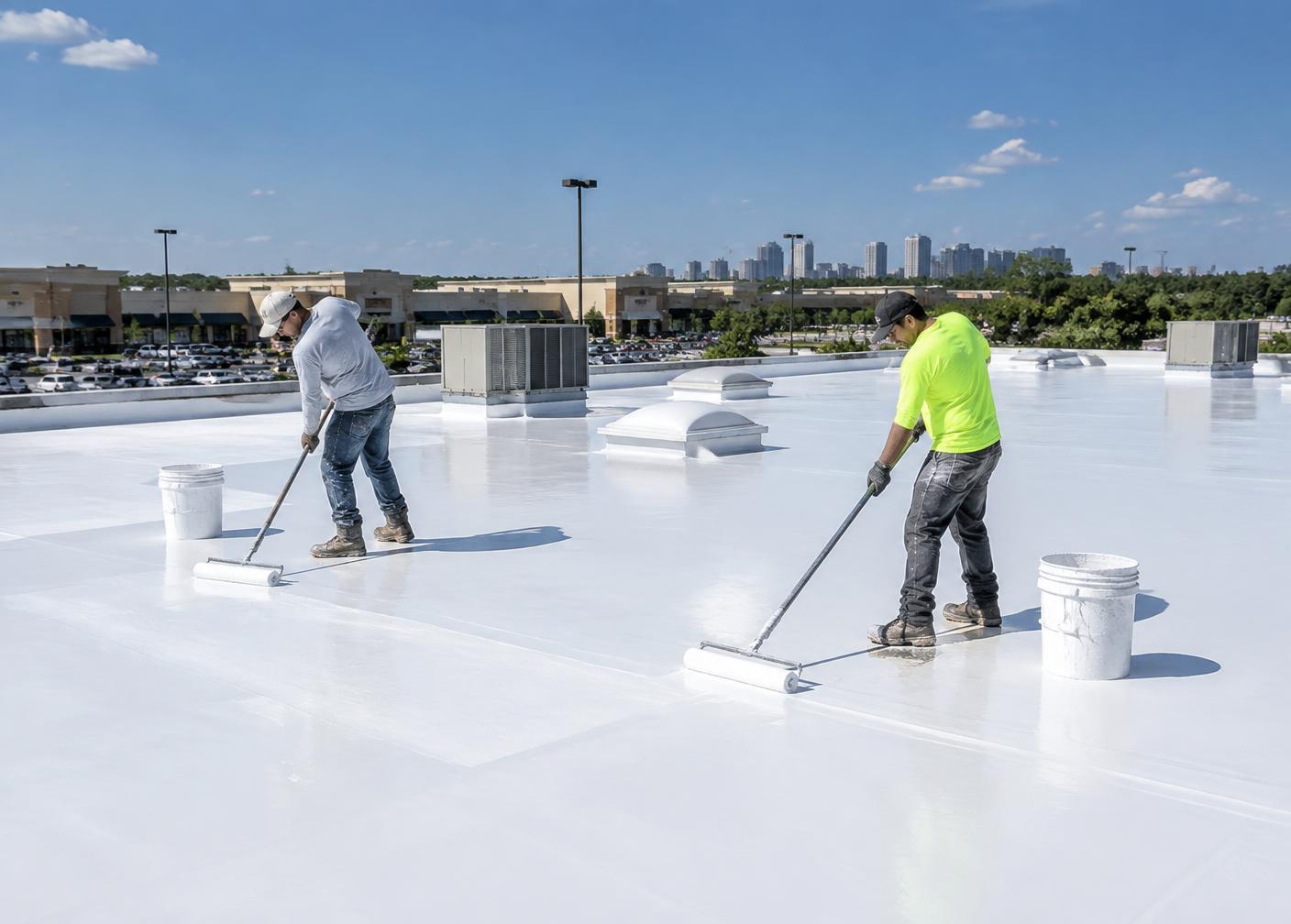 Roofers applying a reflective coating to a Houston shopping center